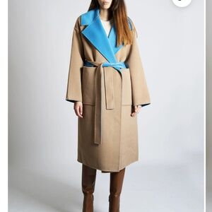 Essentiel Antwerp Reversible Camel Turquoise Wool Blend Wrap Coat Size 36 US 4